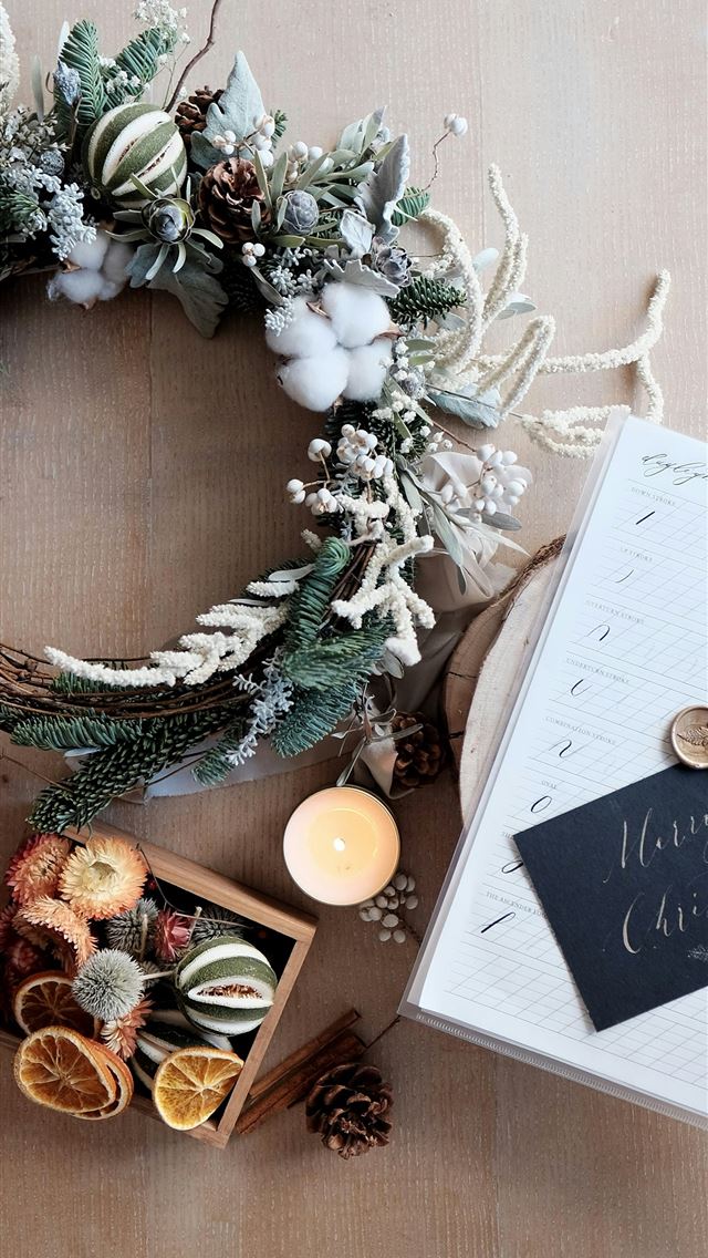 1290x2796 green and brown wreath on brown surface - flowers iPhone Wallpaper