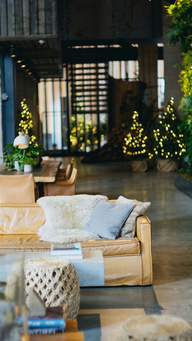 1290x2796 brown couch with blue and white pillows - tree iPhone Wallpaper