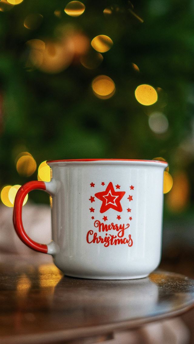 1290x2796 white and red ceramic mug on brown wooden table - christmas tree iPhone Wallpaper