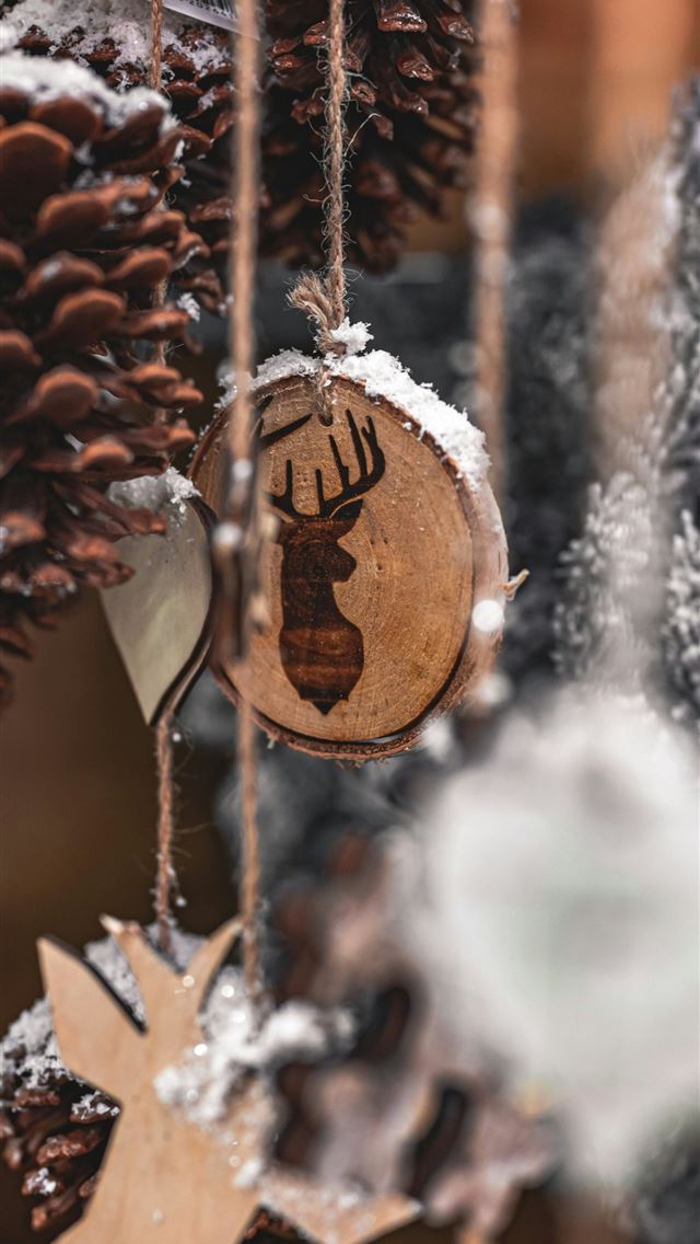 1290x2796 brown wooden heart ornament on brown pine cone - deer iPhone Wallpaper