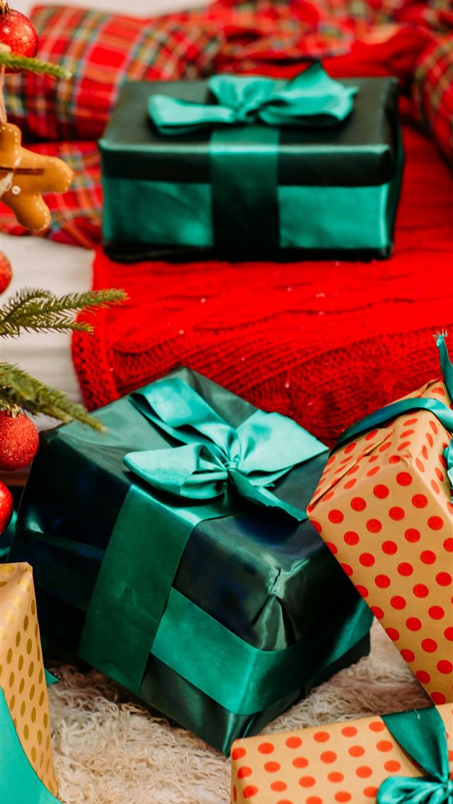 1290x2796 green and white polka dot gift box beside red and ... - tree iPhone Wallpaper