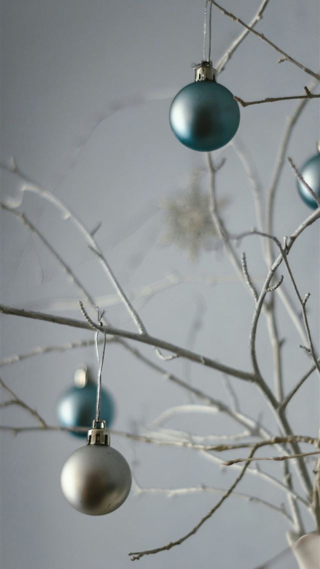 1290x2796 blue and white baubles on tree branch - grey iPhone Wallpaper