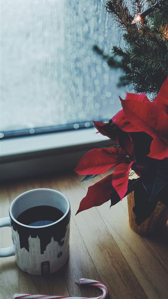 1290x2796 mug of coffee beside christmass tree by the window - tree iPhone Wallpaper