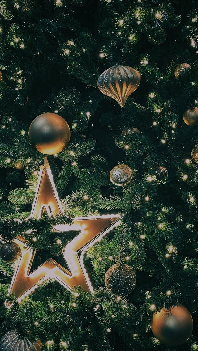 1290x2796 gold and silver baubles on christmas tree - lights iPhone Wallpaper
