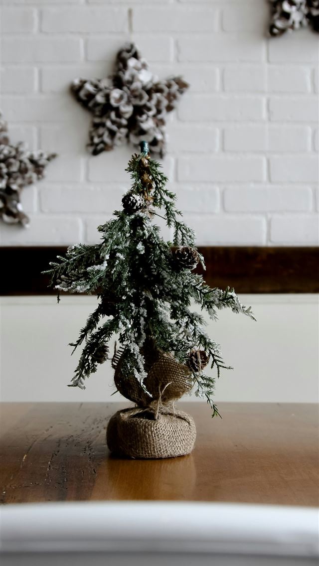 1290x2796 green Christmas tree decor on top of brown table - holiday iPhone Wallpaper