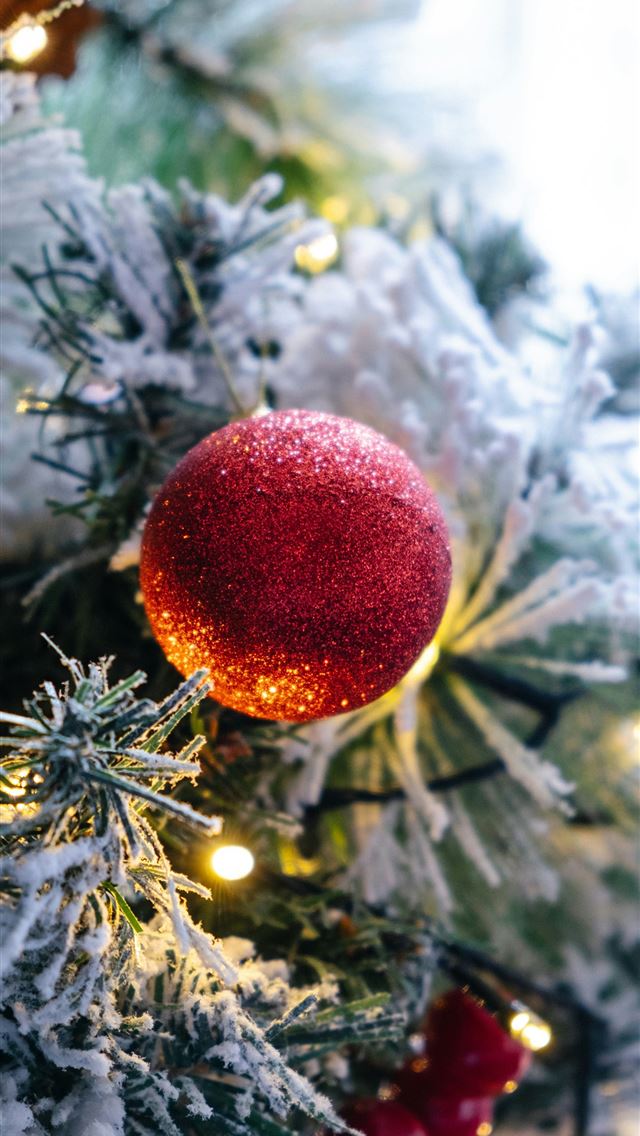 1290x2796 macro photography of red bauble and lighted string... - red iPhone Wallpaper