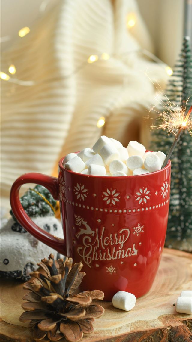 1290x2796 marshmallows in red mug beside brown pine cone on ... - holiday iPhone Wallpaper