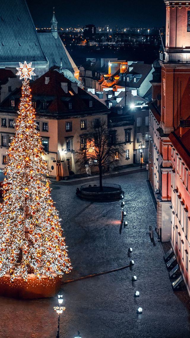1290x2796 a lit christmas tree in a city square - lights iPhone Wallpaper