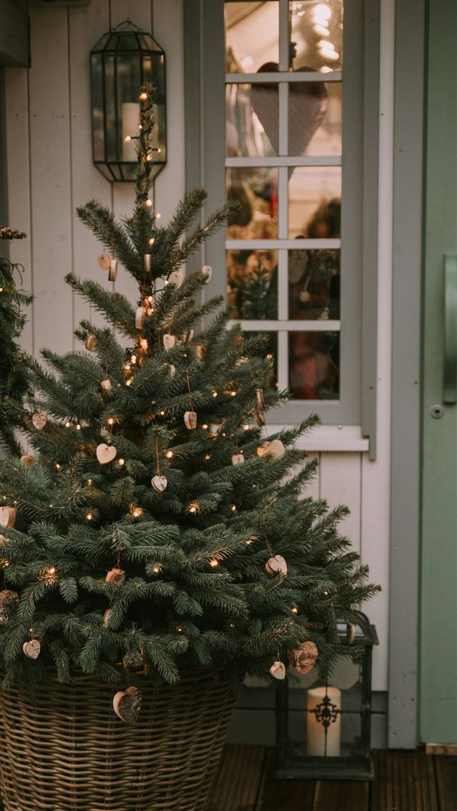 1290x2796 a christmas tree in front of a door -  iphone 15 Wallpaper