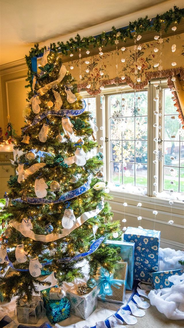 1290x2796 green Christmas tree near glass window - tree iPhone Wallpaper