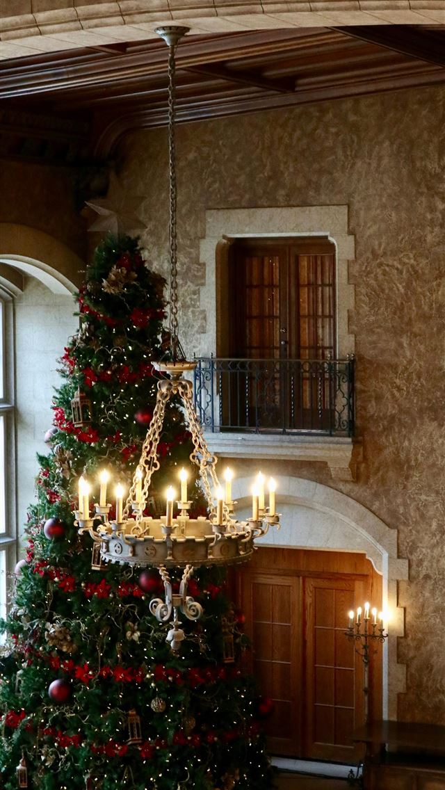1290x2796 Christmas tree beside closed doors and near chande... - tree iPhone Wallpaper