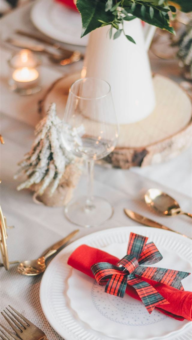 1290x2796 red and white ribbon on gold round tray - christmas iPhone Wallpaper