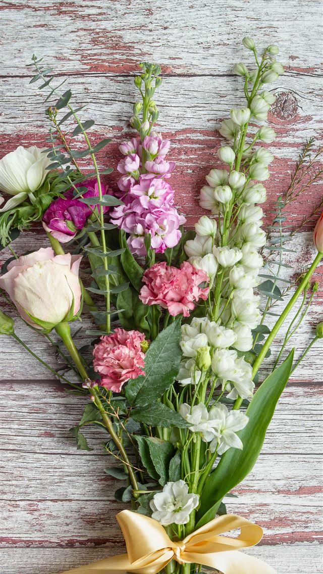 1290x2796 pink and white tulips on brown wooden surface -  iPhone Wallpaper