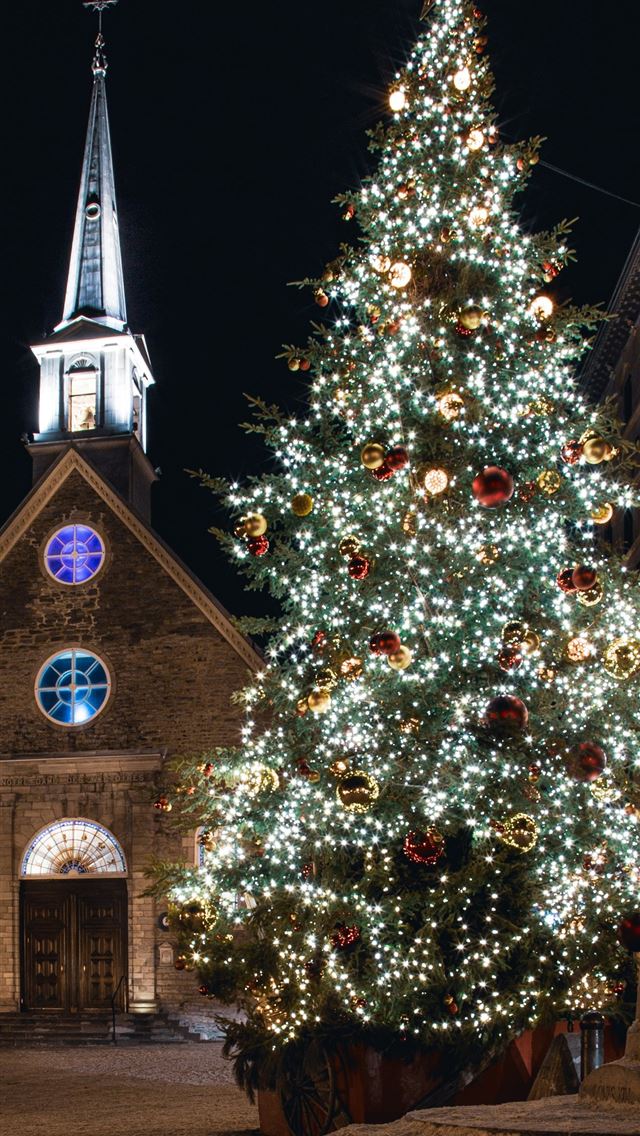 1290x2796 a lit christmas tree in front of a church -  iPhone Wallpaper