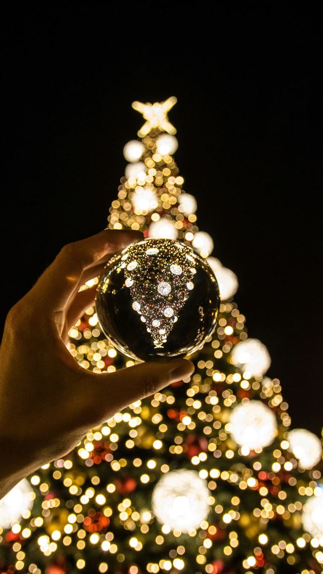 1290x2796 person lifting bauble near Christmas tree -  iPhone Wallpaper