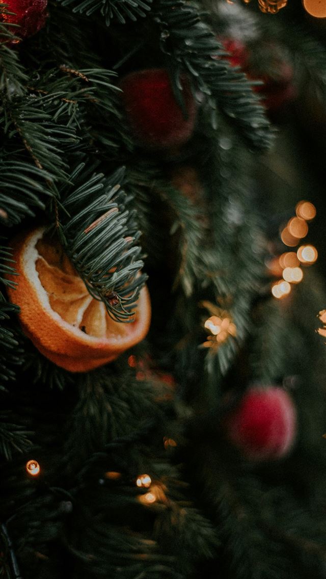 1290x2796 green christmas tree with orange baubles -  iPhone Wallpaper