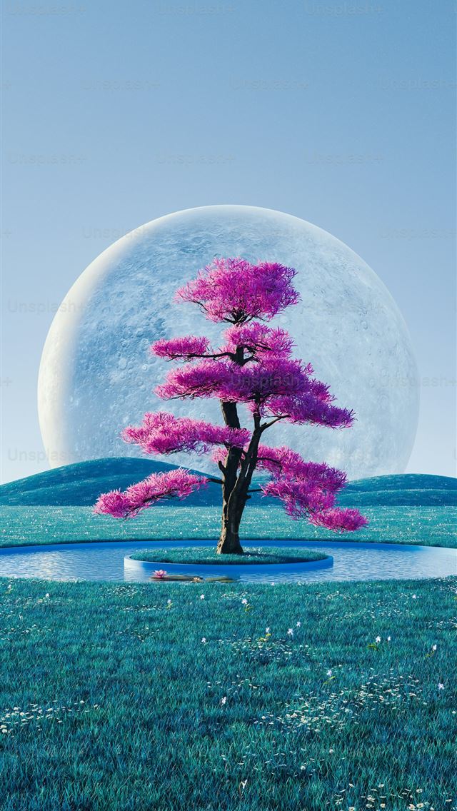 1290x2796 a tree in a field with a full moon in the backgrou... -  iPhone Wallpaper