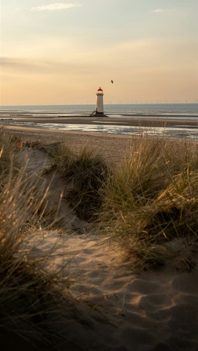 1290x2796 A lighthouse stands on a sandy beach at sunset  -  iPhone Wallpaper