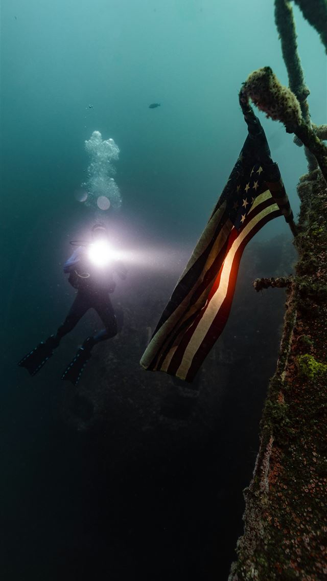 1290x2796 Scuba diver illuminating an american flag underwat... -  iPhone Wallpaper