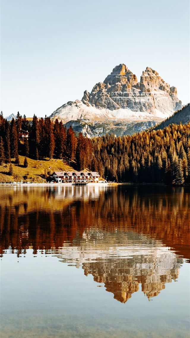 1290x2796 lake surrounded by trees and snow covered mountain... -  iPhone Wallpaper