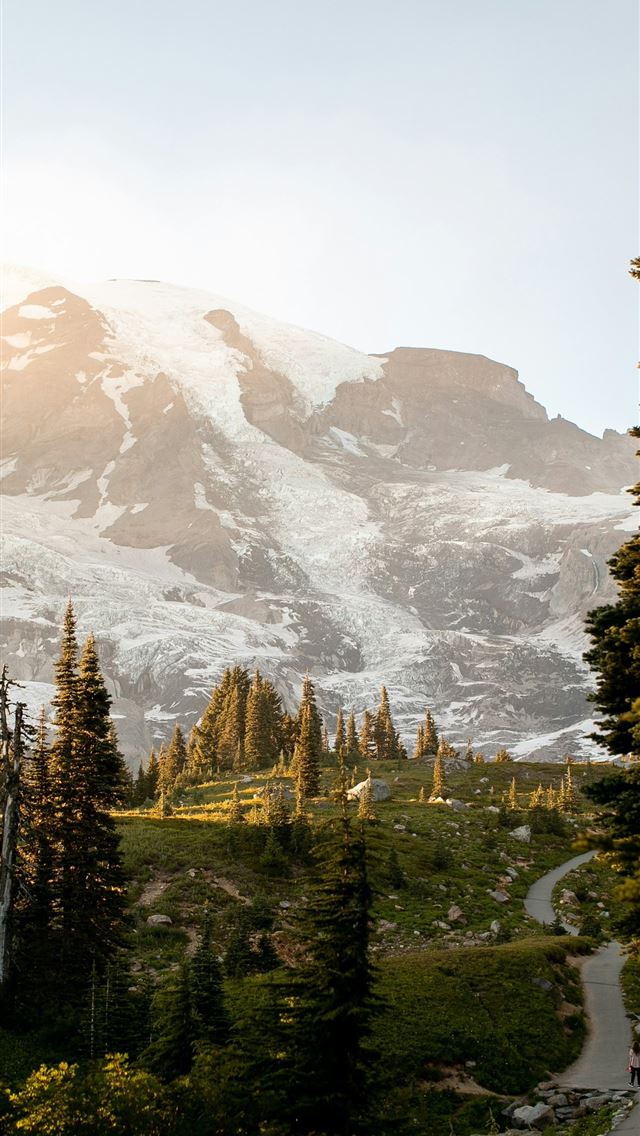 1290x2796 A winding path leads towards a snow capped mountai... -  iPhone Wallpaper