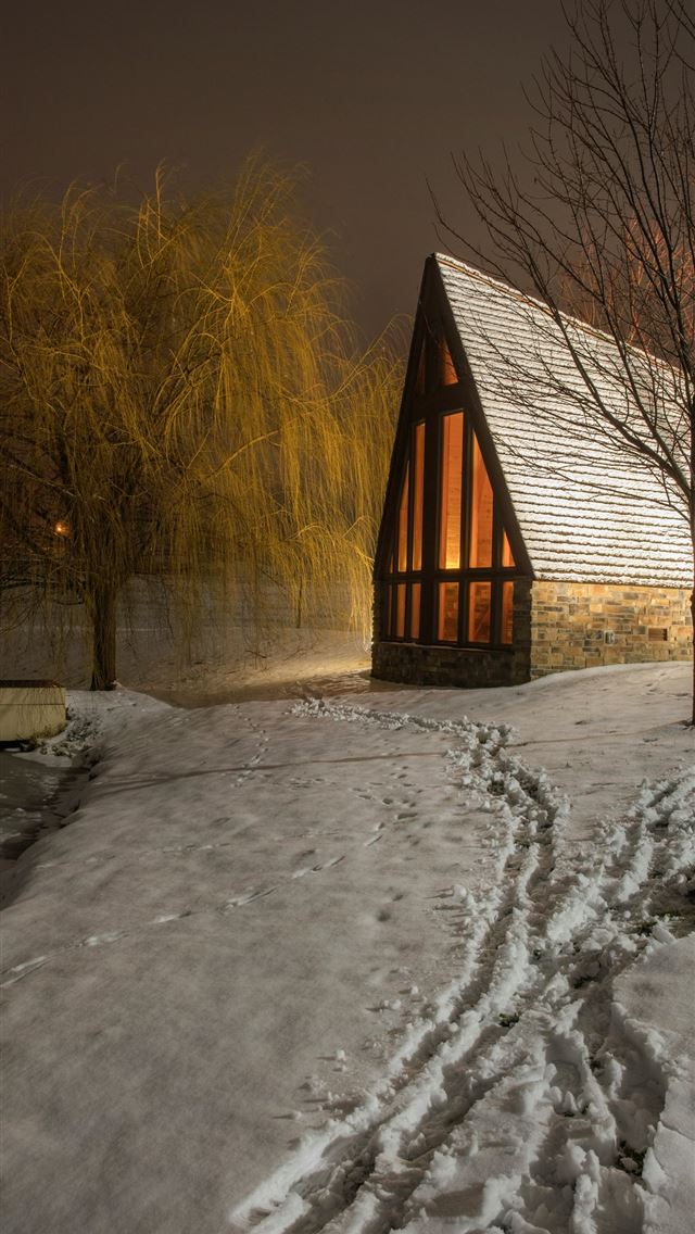 1290x2796 lighted cottage across snow covered field -  iPhone Wallpaper