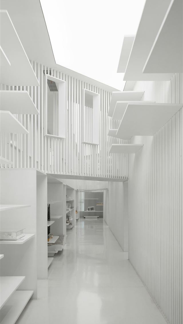1290x2796 a long white hallway with shelves and stairs -  iPhone Wallpaper