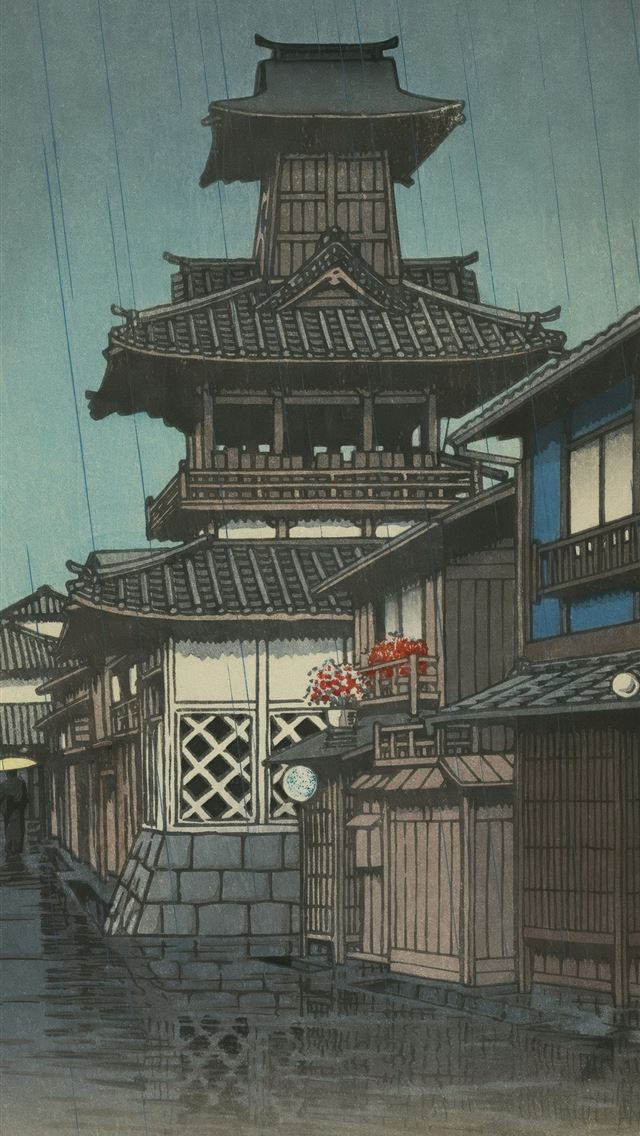 1290x2796 Traditional japanese buildings on a rainy street  -  iPhone Wallpaper