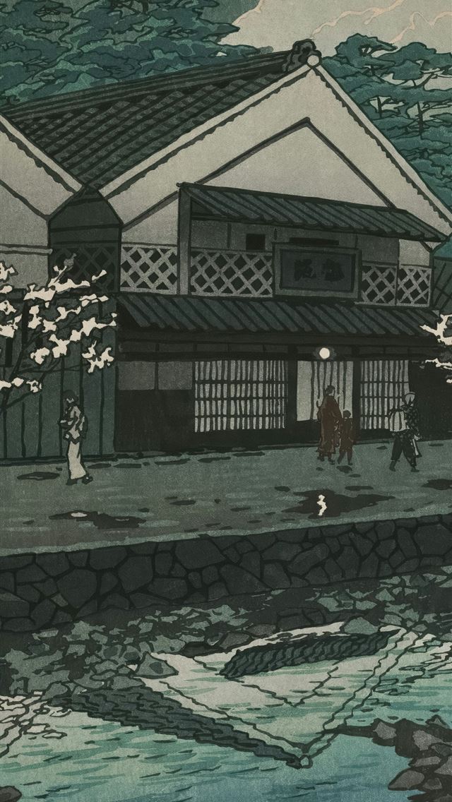1290x2796 Traditional japanese street scene with river and t... -  iPhone Wallpaper