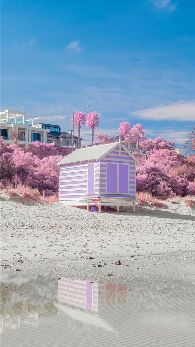 1290x2796 a purple and white beach hut sitting on top of a s... - reflection iPhone Wallpaper