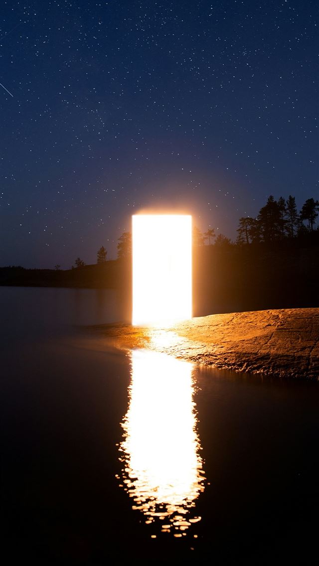 1290x2796 a large open door sitting in the middle of a lake - light iPhone Wallpaper