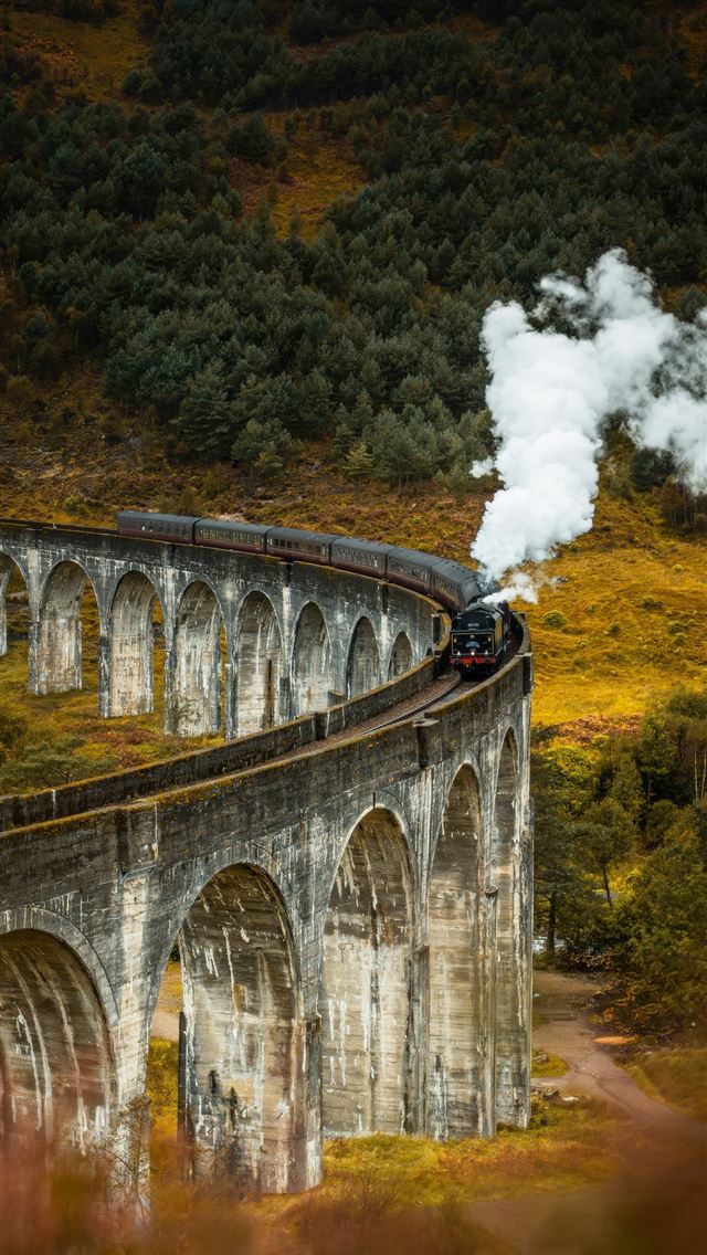 1290x2796 Steam train crossing a stone viaduct in a scenic l... - adventure iPhone Wallpaper