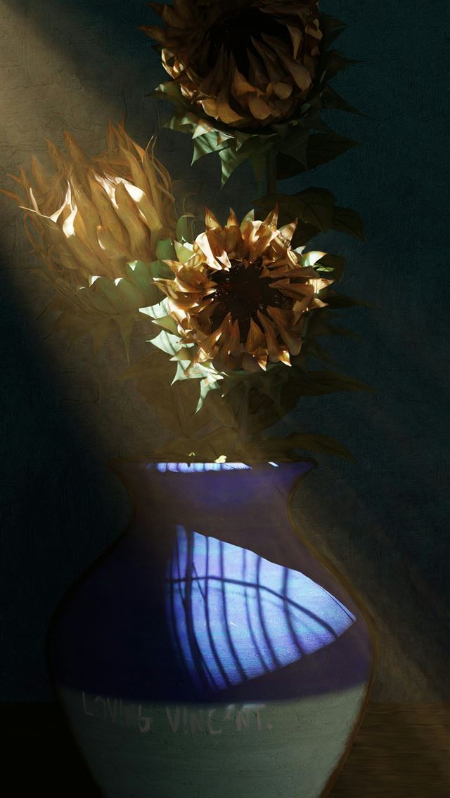 1290x2796 a blue and white vase with sunflowers in it - digital image iPhone Wallpaper