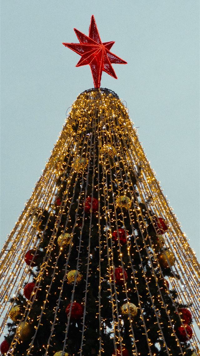 1290x2796 A decorated christmas tree with a red star  - winter iPhone Wallpaper