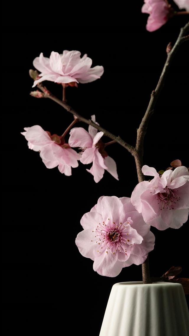 1290x2796 Pink cherry blossoms in a white vase on black back... -  iPhone Wallpaper