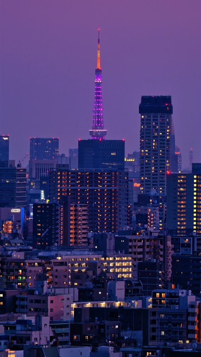 1290x2796 Illuminated city skyline at twilight with a promin... -  iPhone Wallpaper