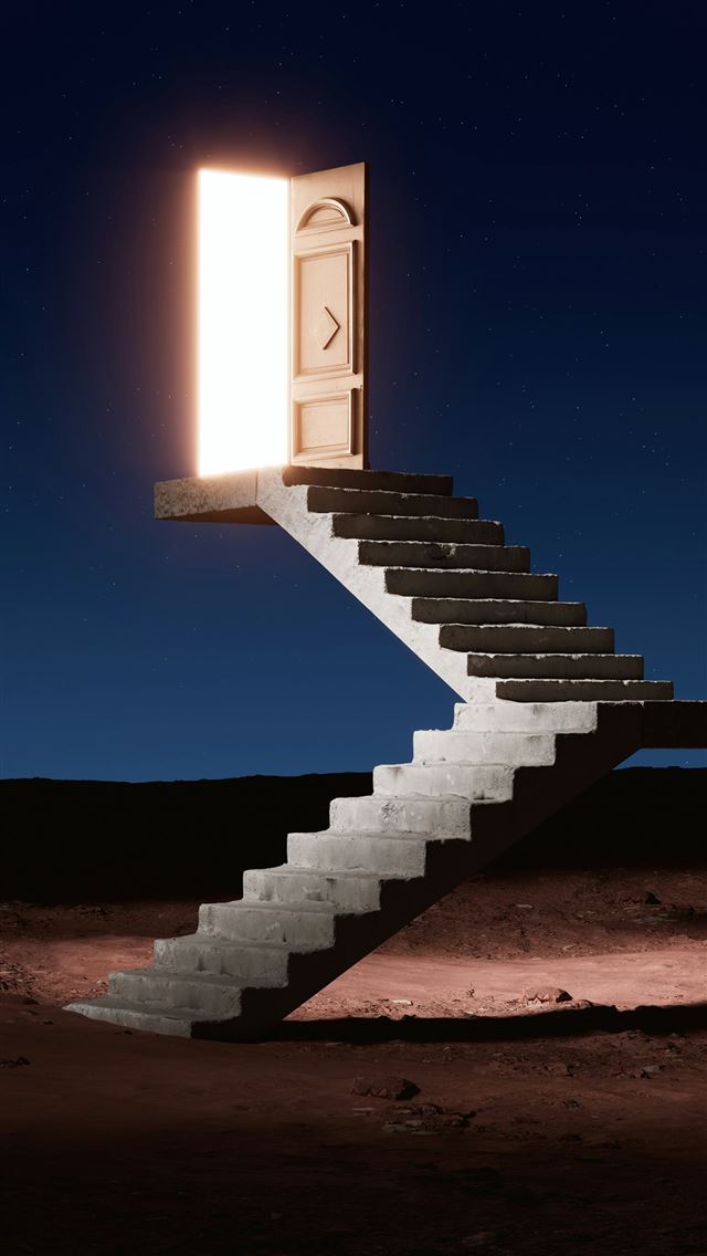 1290x2796 a staircase leading to an open door in the desert -  iPhone Wallpaper