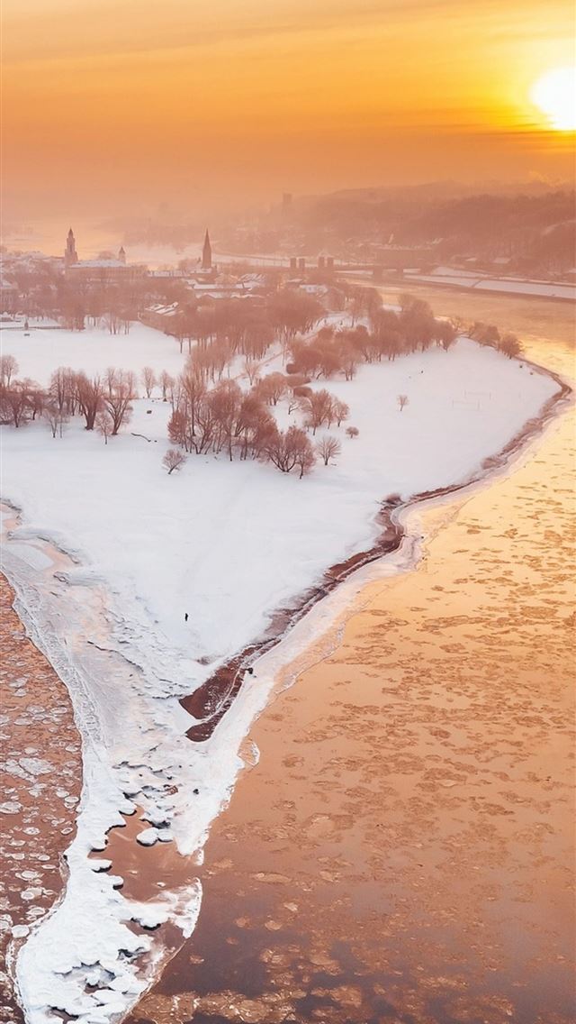 kaunas river city winter snow sunlight iPhone wallpaper 