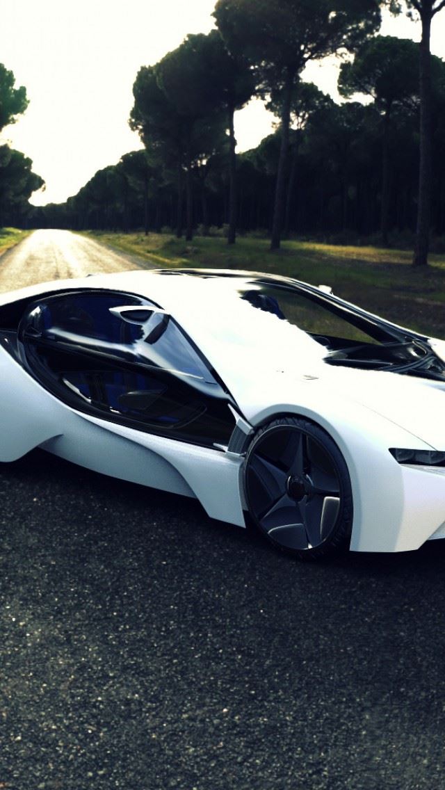 640x1136 Bmw I8 Sports Car Road Tree - stone iPhone Wallpaper