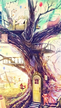 Painting Girl Animal Tree wallpaper