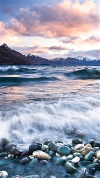 Stones Beach Wave Mountains Clouds wallpaper