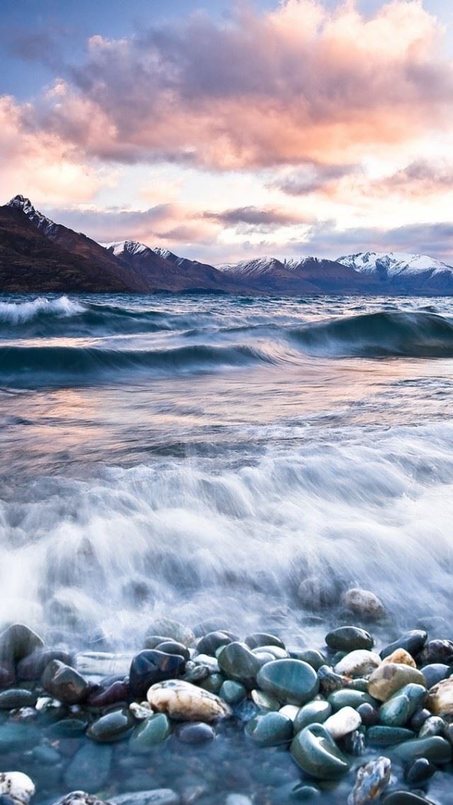 640x1136 Stones Beach Wave Mountains Clouds - clouds iPhone Wallpaper