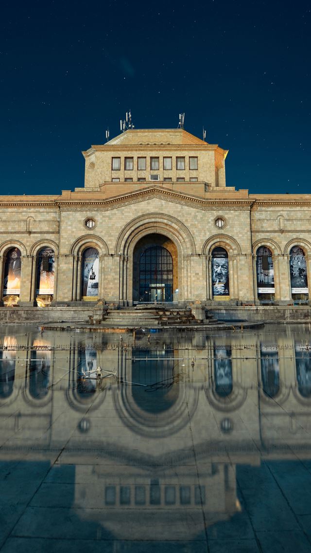 640x1136 Armenia yerevan building reflection in water - palace iPhone Wallpaper