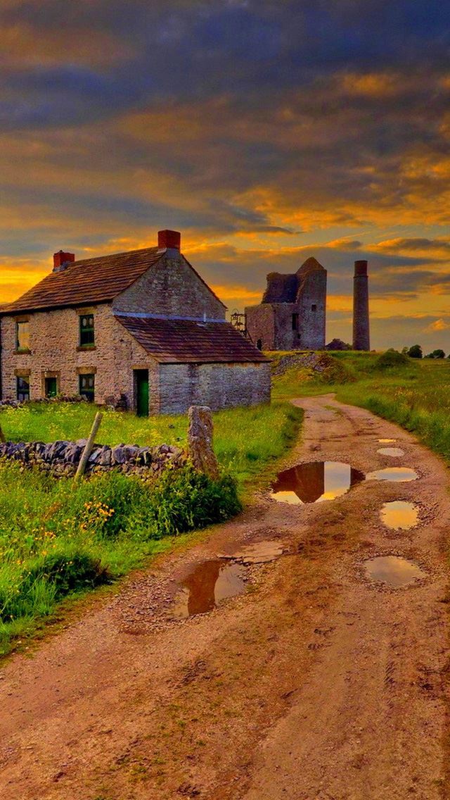 640x1136 Grass house road scenic skies - house iPhone Wallpaper