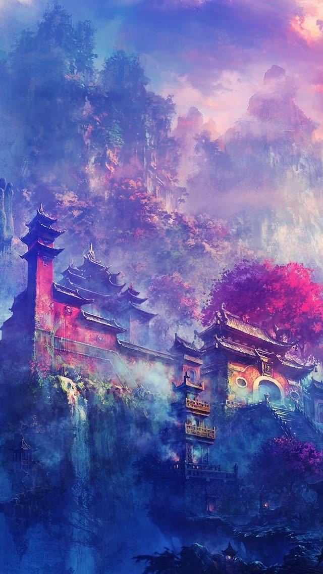 640x1136 Asian Village In The Mountains Fantasy - mountains iPhone Wallpaper