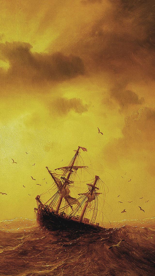 640x1136 Ship On The Storm Sea - painting iPhone Wallpaper