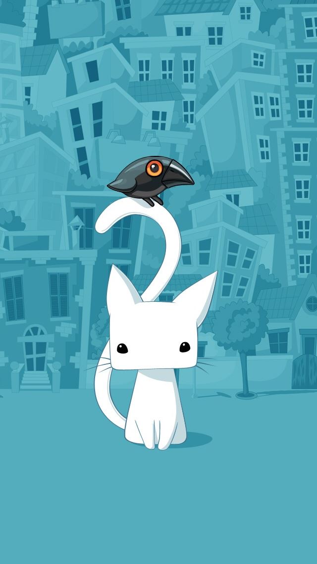 640x1136 Cute City Cartoon Cat - bird iPhone Wallpaper