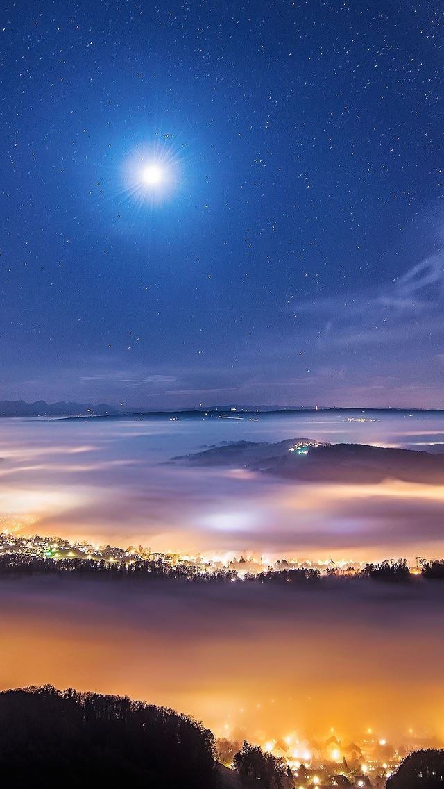 640x1136 Foggy Town Under The Stars - landscape iPhone Wallpaper