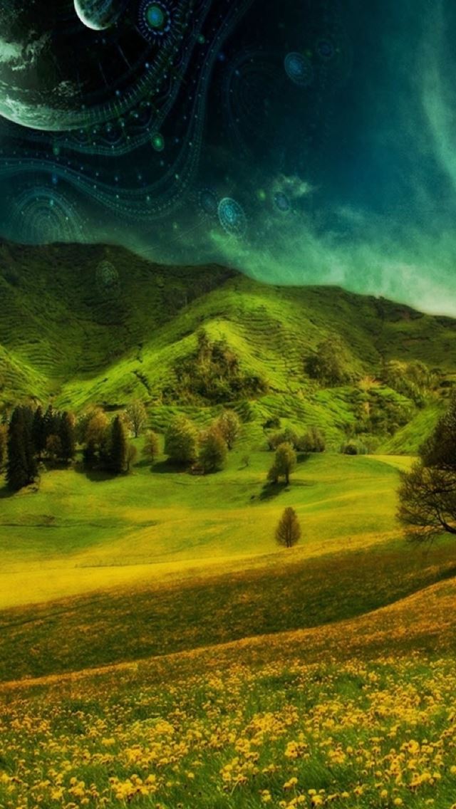 640x1136 Fantasy Outer Space Hill Grass Field - hill iPhone Wallpaper