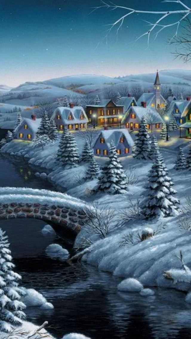 640x1136 Small Village Winter Christmas Eve - christmas tree iPhone Wallpaper
